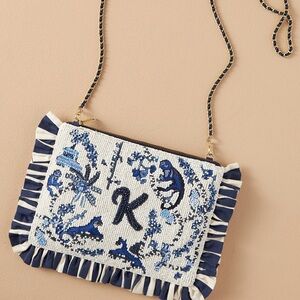 Anthropologie Navy and White Beaded Crossbody with Monogram K